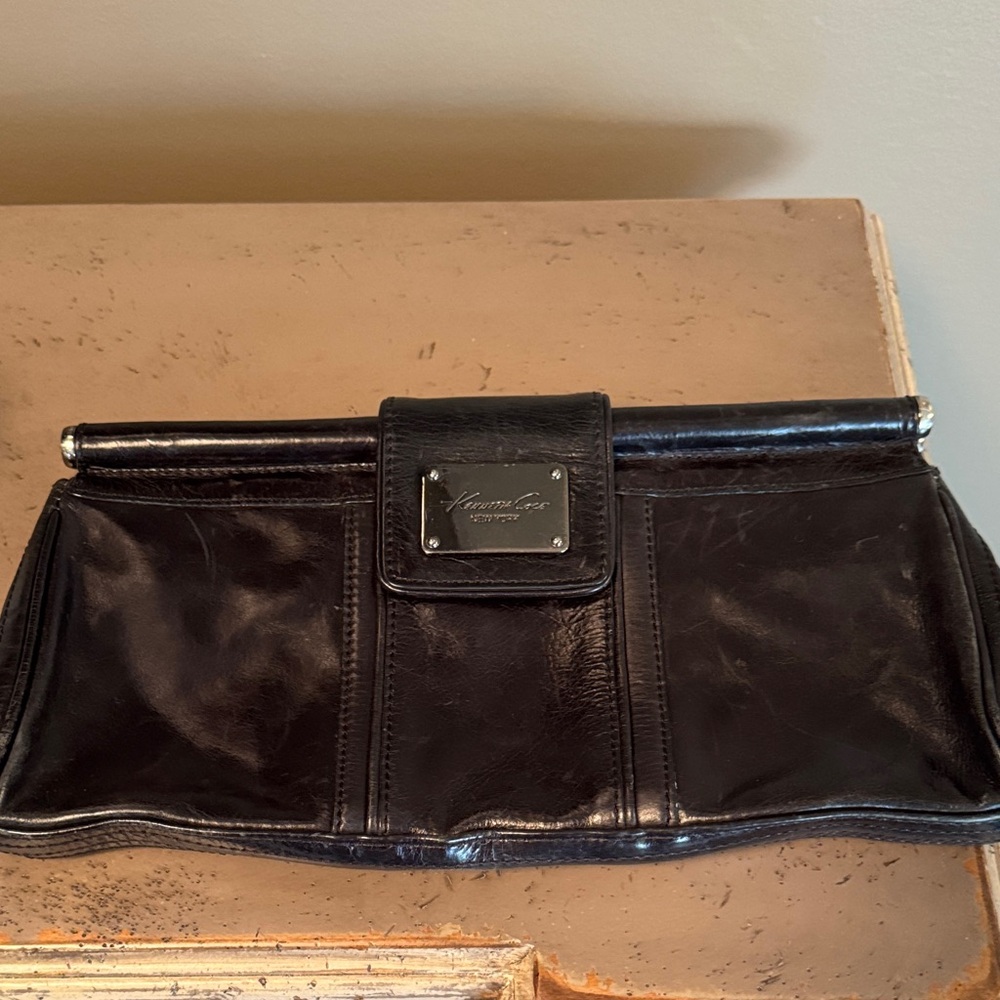 Kenneth Cole Black Leather Frame Clutch with Logo Plate